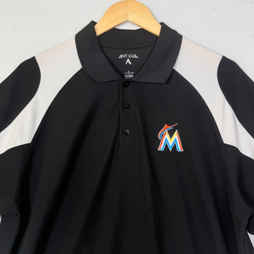 Antigua Mens Size Large Miami Marlins Black‎ Performance Polo Shirt MLB Baseball
